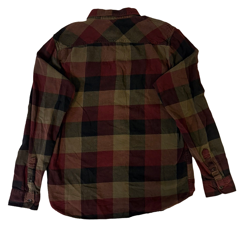 Vans work shirt with a mix of brown, red, and beige colors. Seen from the back.