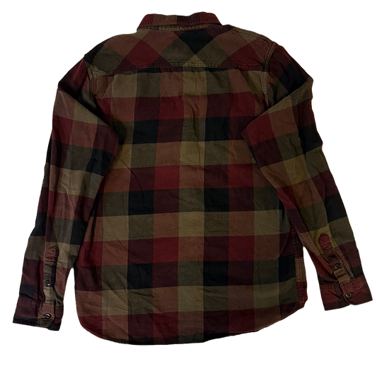 Vans work shirt with a mix of brown, red, and beige colors. Seen from the back.