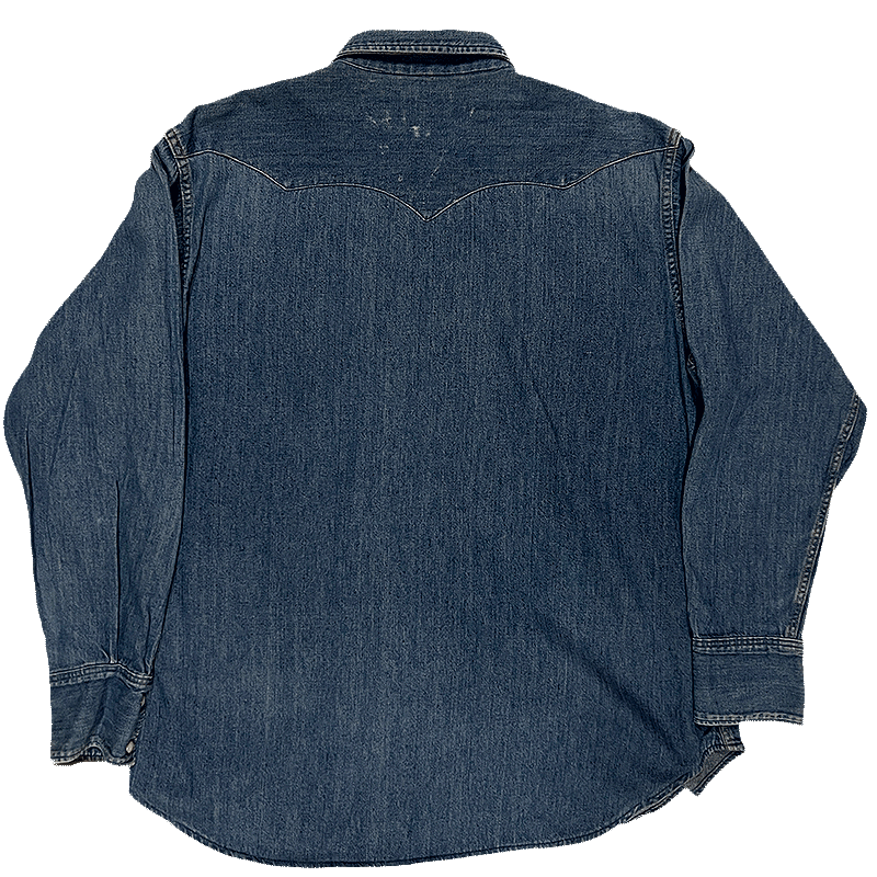 Back view of a blue denim shirt by Ranchcraft