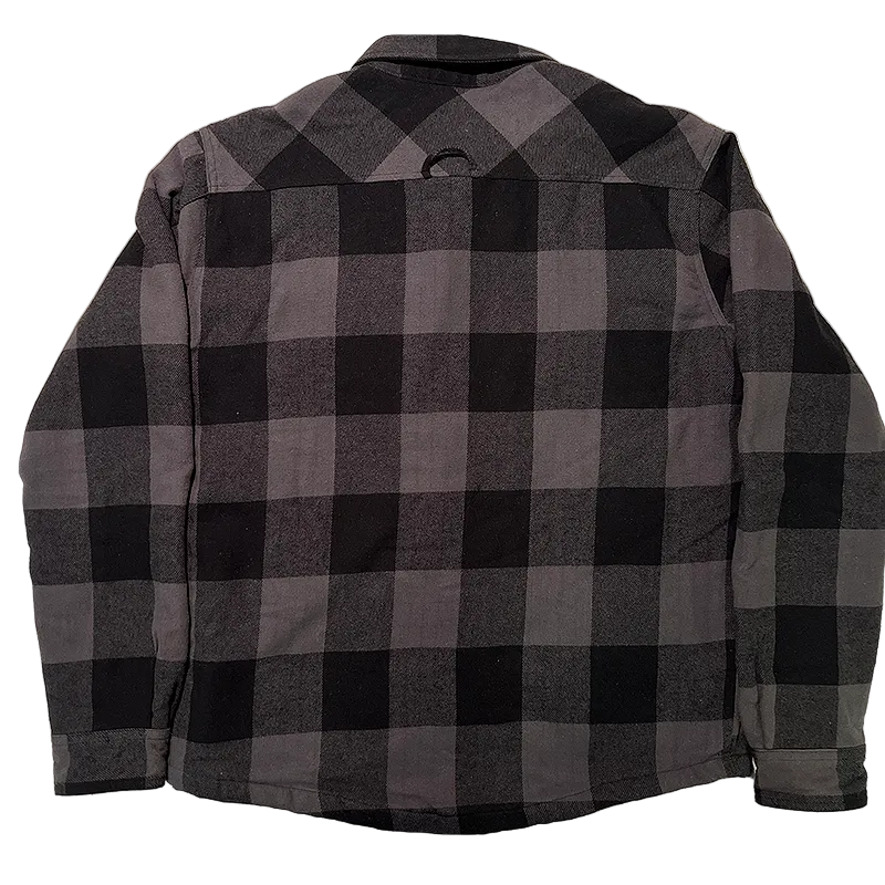 North Edge Flannel Jacket in grey and black plaid seen from the back.