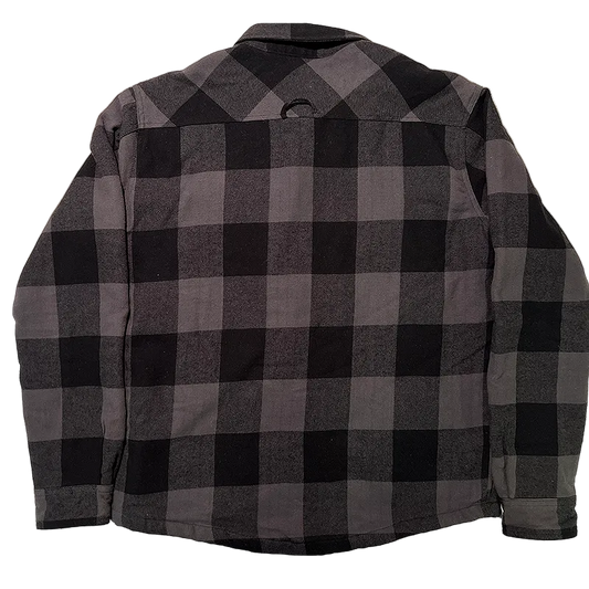 North Edge Flannel Jacket in grey and black plaid seen from the back.