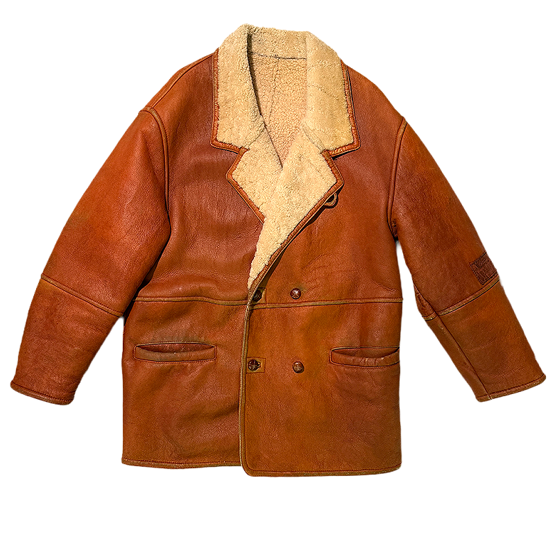 Brown vintage shearling coat with beige shearling collar