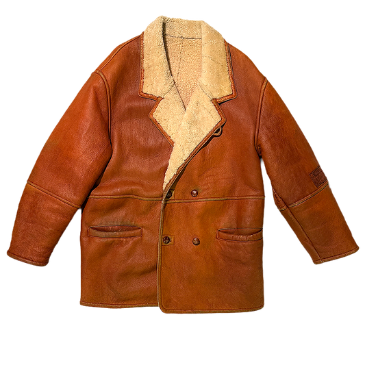 Brown vintage shearling coat with beige shearling collar