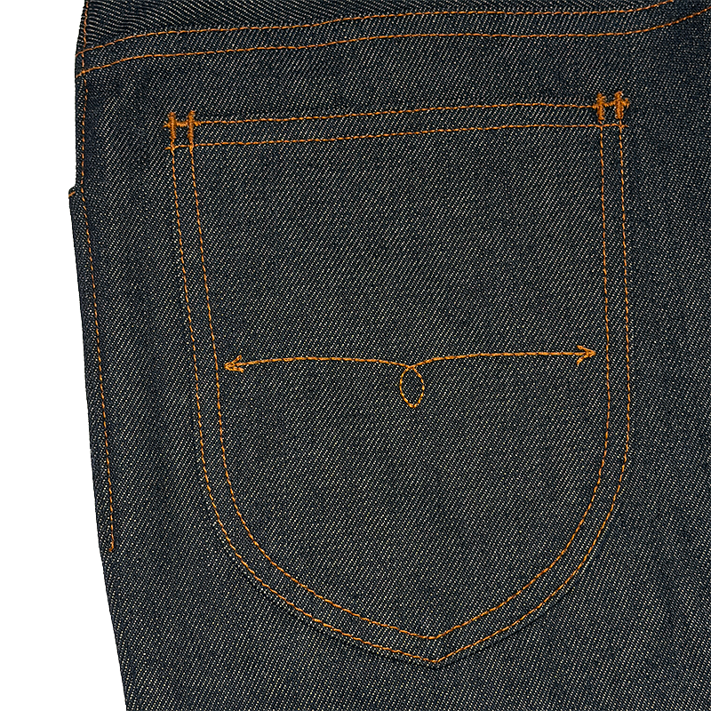Close-up of a blue denim pocket with brown stitching