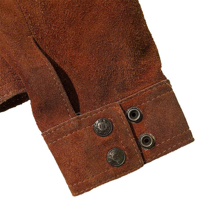 Close-up of brown leather jacket with an adjustable cuff