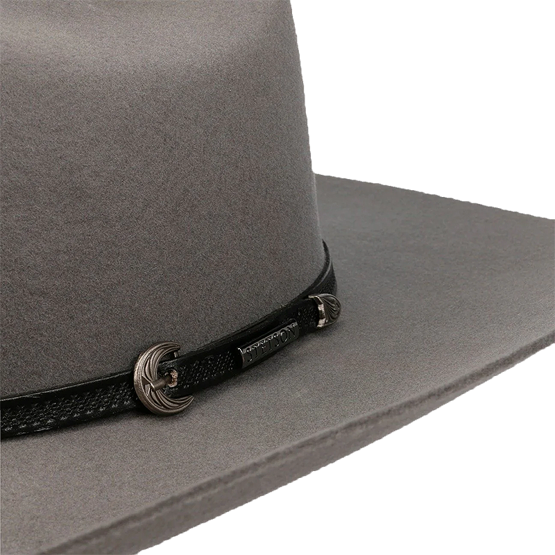 Gray cowboy hat with a black band and metal buckle