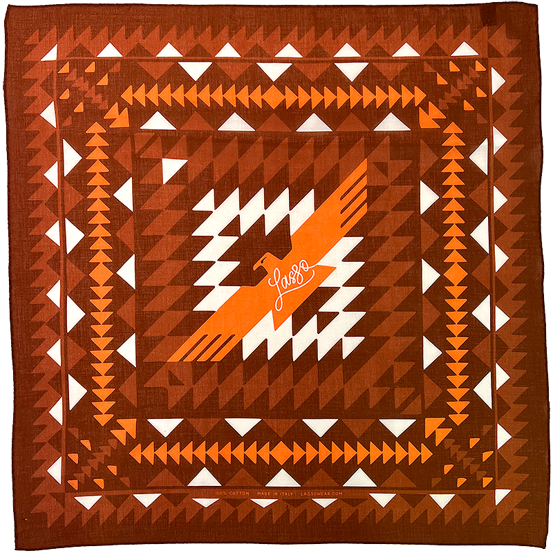 Bandana in rust colorway with Pacific-Northwestern motifs.