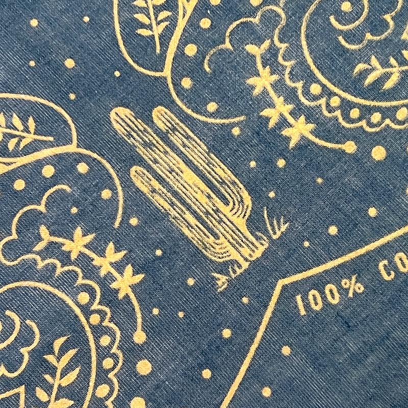 Bandana detail with gold cactus design on a blue background