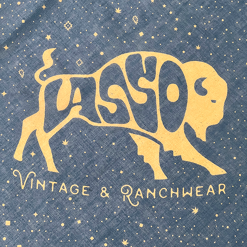 Bison logo on a bandana with text "Lasso - Vintage & Ranchwear"