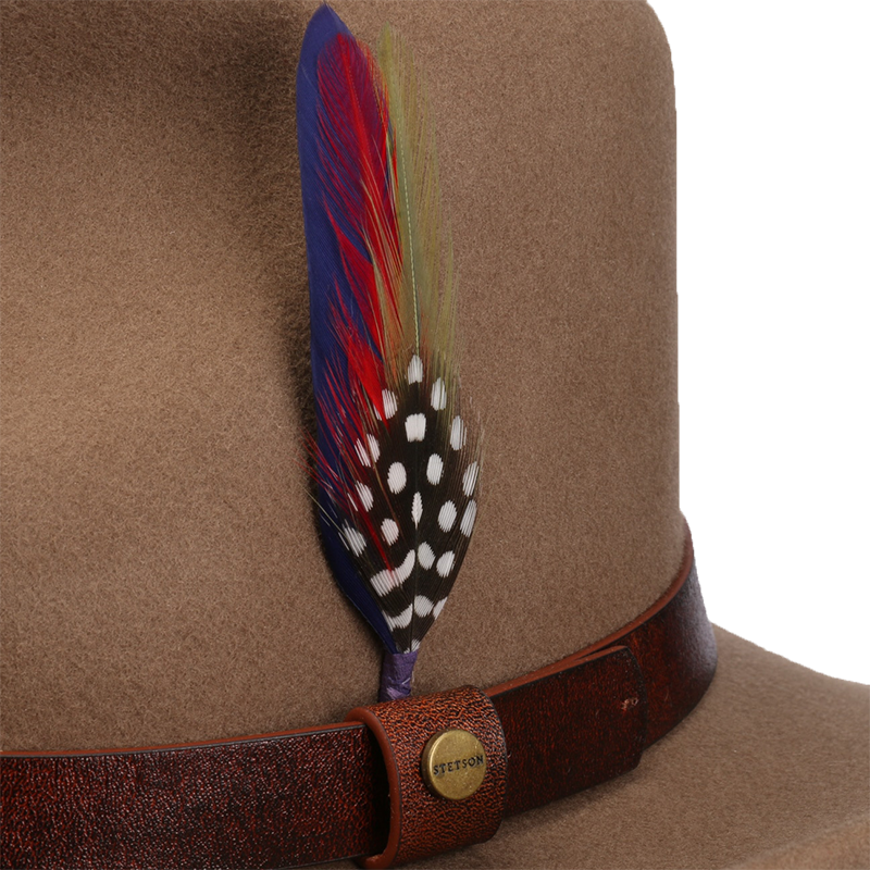 Brown hat with a colorful feather and leather band featuring a brand logo.
