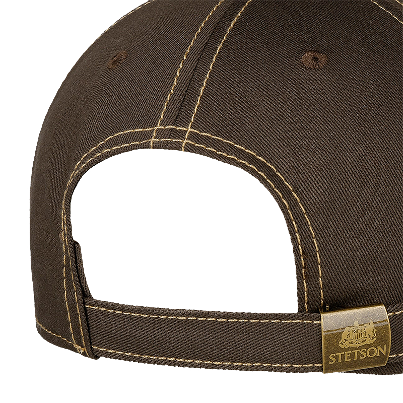 Brown cap with gold Stetson logo on a strap