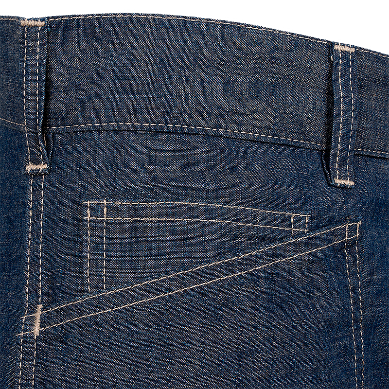 Close-up of blue denim fabric with stitching details