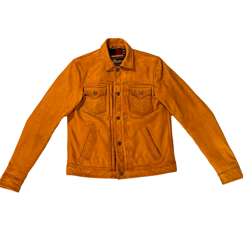An orange-brown Goldrush leather jacket by Master Supply Co.