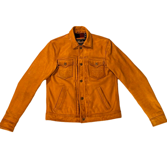 An orange-brown Goldrush leather jacket by Master Supply Co.