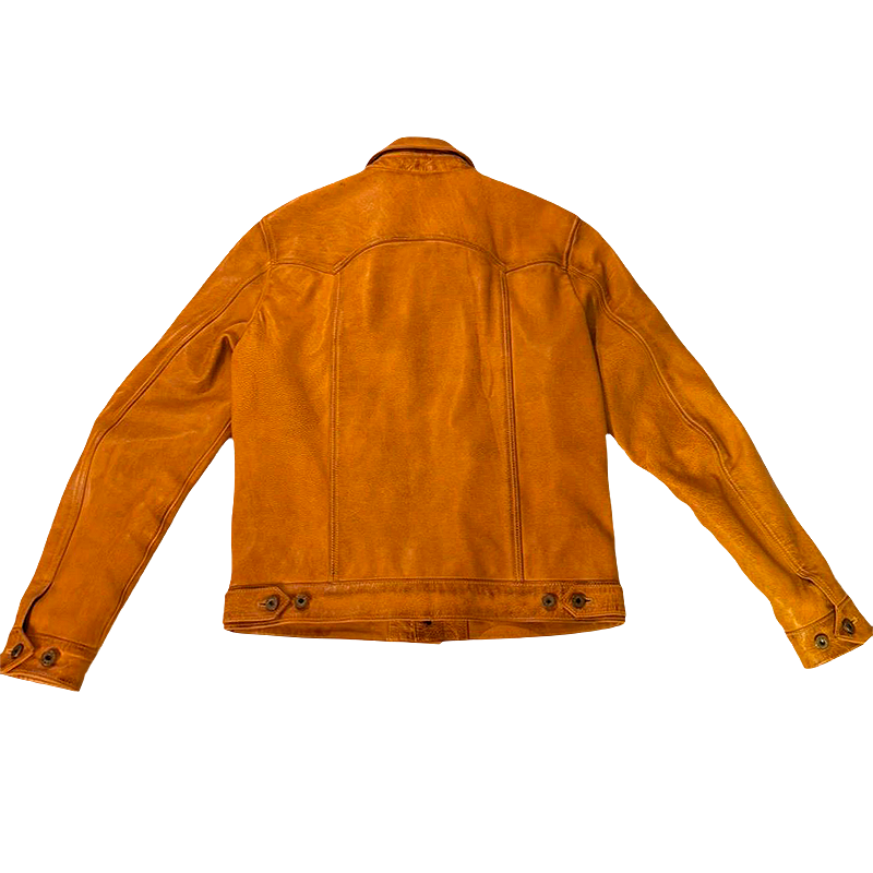An orange-brown Goldrush leather jacket by Master Supply Co. seen from the back.