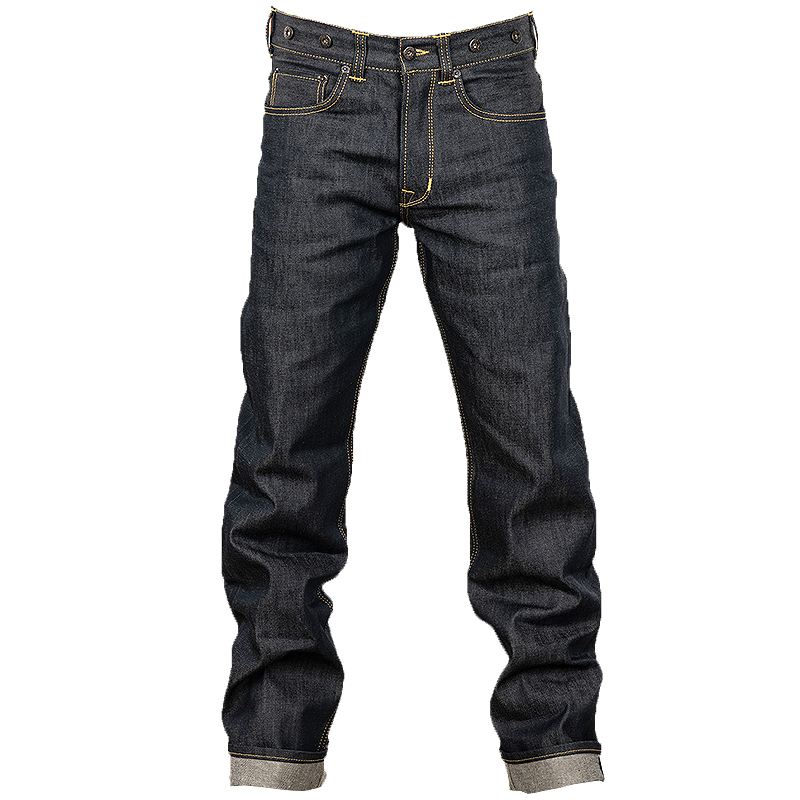 A pair of Pike Brothers 1937 Roamer Pant jeans, featuring classic five-pocket styling and contrast yellow-gold stitching.