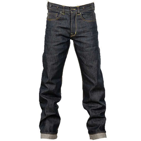 A pair of Pike Brothers 1937 Roamer Pant jeans, featuring classic five-pocket styling and contrast yellow-gold stitching.