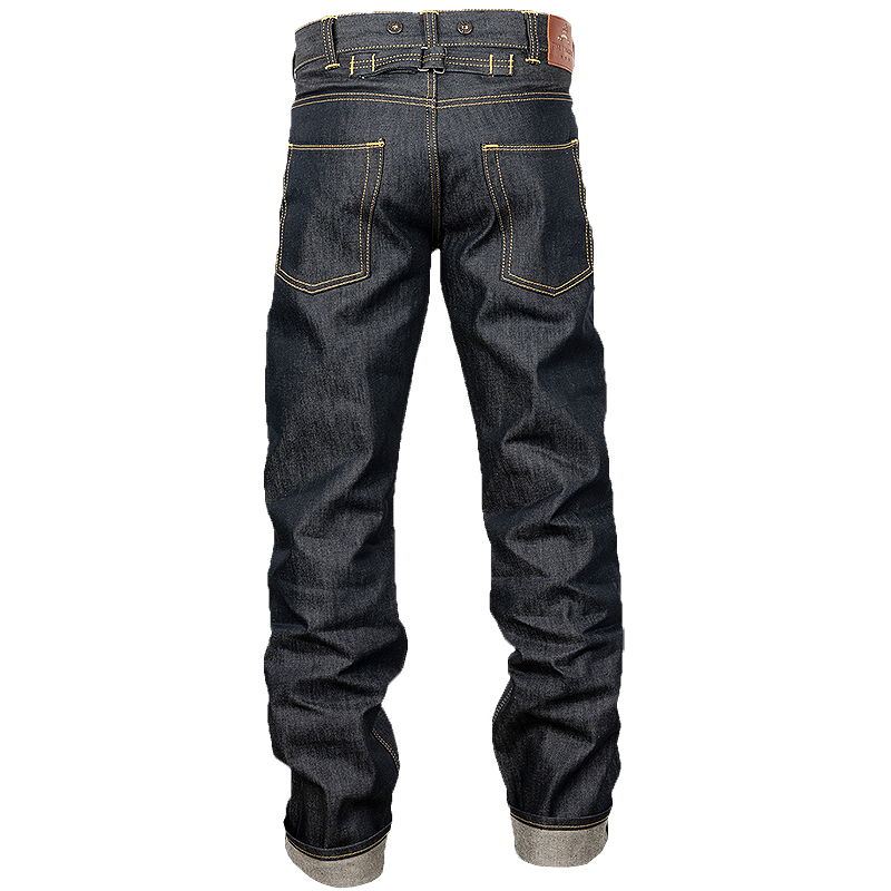 Back view of Pike Brothers 1937 Roamer Pant with rolled cuffs, showing the back cinch and pockets, belt loops, and stitching details.