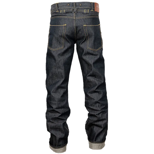 Back view of Pike Brothers 1937 Roamer Pant with rolled cuffs, showing the back cinch and pockets, belt loops, and stitching details.