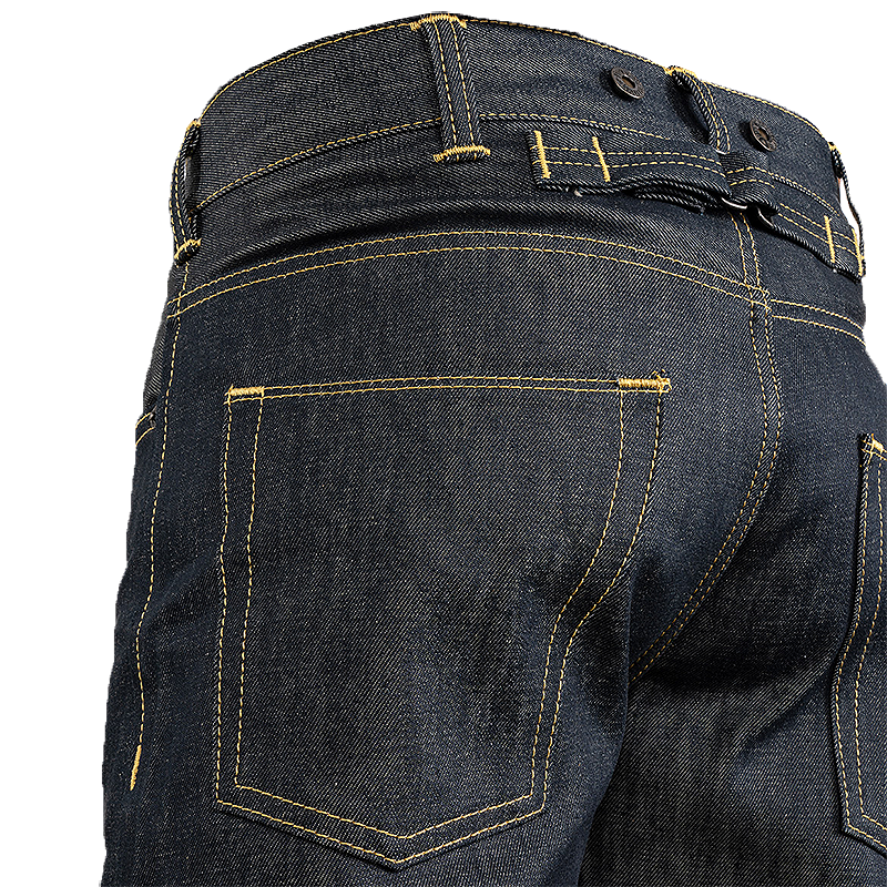 Close-up of the back waistband and rear pockets of dark indigo denim jeans, showing yellow contrast stitching and belt loops.