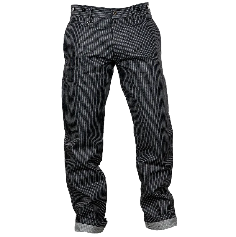 A pair of dark indigo blue Wabash pinstriped jeans by Pike Brothers.