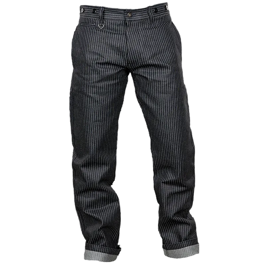 A pair of dark indigo blue Wabash pinstriped jeans by Pike Brothers.
