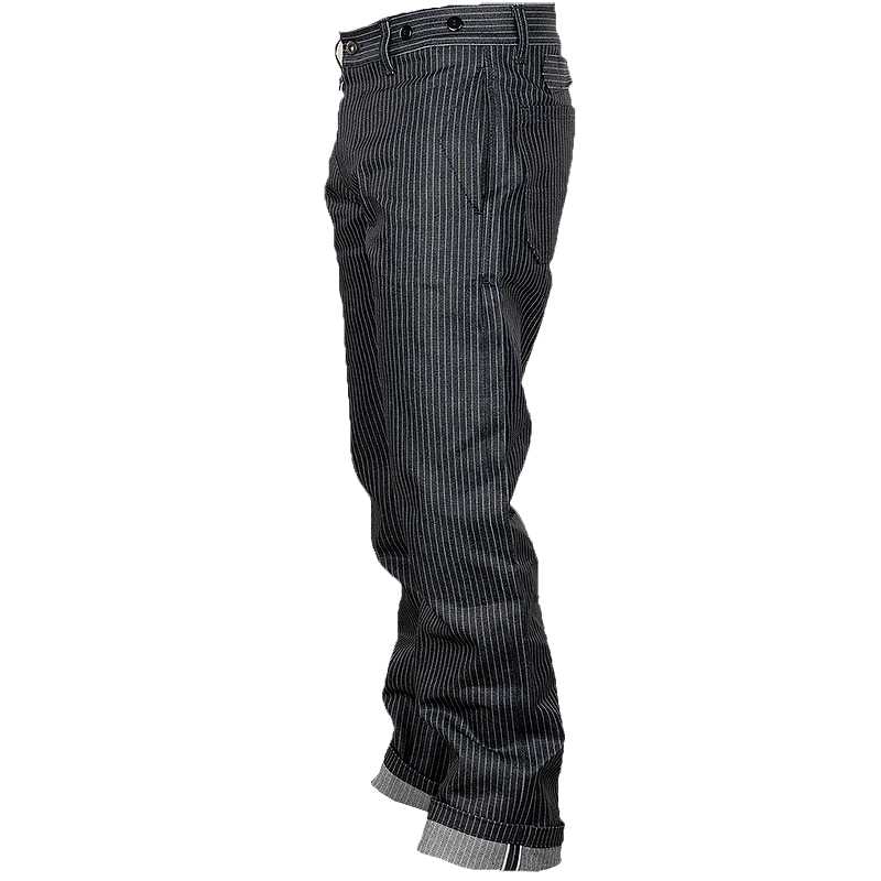 A pair of Pike Brothers 1942 Hunting Pants in Blue Wabash shown from a side profile view.