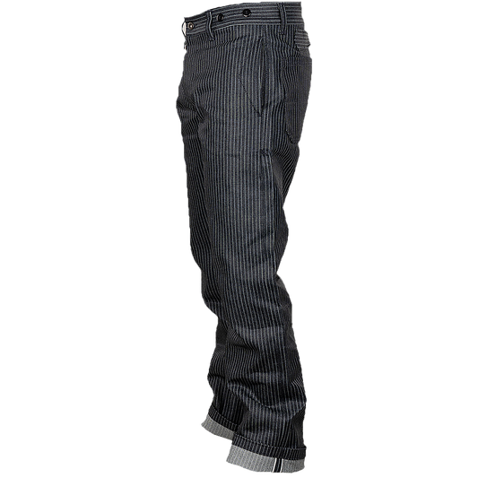 A pair of Pike Brothers 1942 Hunting Pants in Blue Wabash shown from a side profile view.