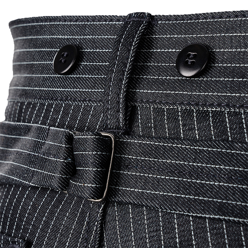 Close-up of a Pike Brothers 1942 Hunting Pant in Blue Wabash waistband with white stitching, black buttons, and a back cinch with a silver-toned buckle.