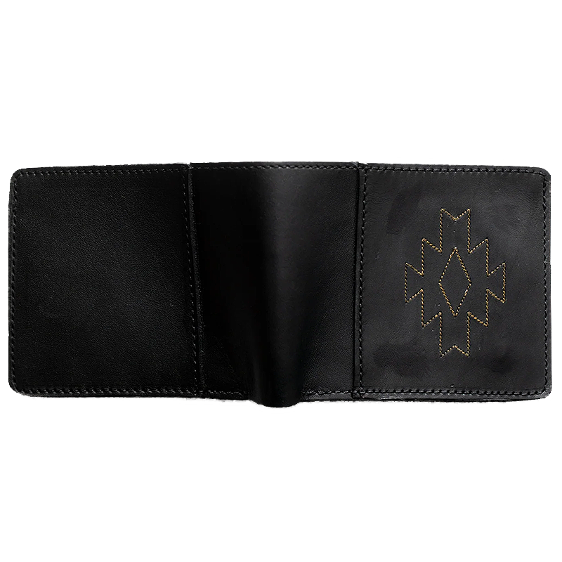 Black leather wallet with geometric stitching design