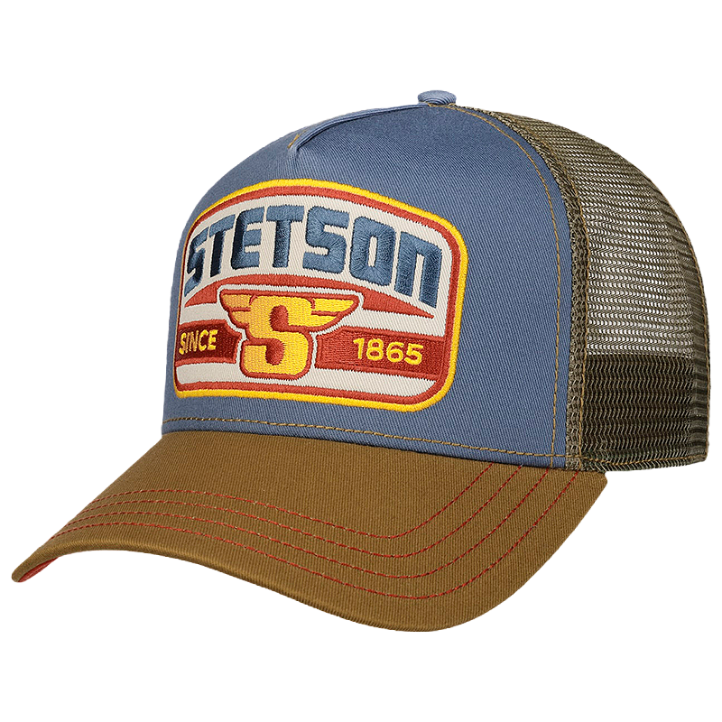 Blue and brown trucker hat with Stetson logo