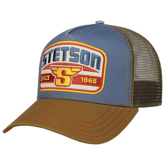Blue and brown trucker hat with Stetson logo
