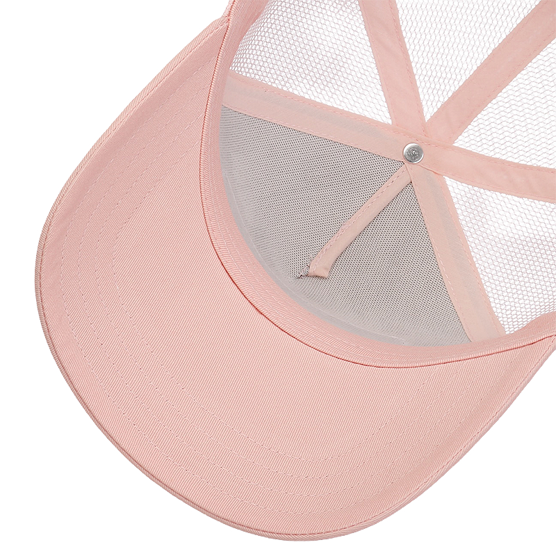Pink baseball cap with mesh back seen from underneath