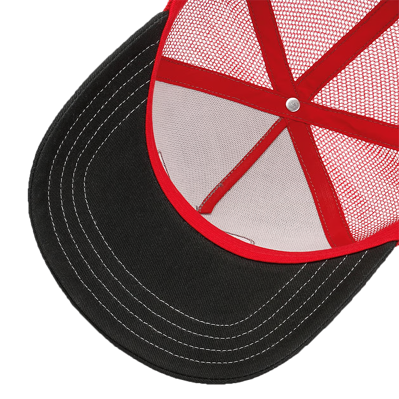 Close-up of a trucker-style baseball cap showing the black visor with white contrast stitching, red brim, and red-and-white mesh back panels.