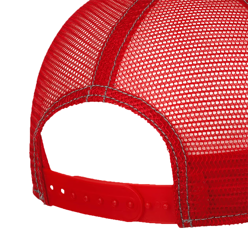 Close-up detail of a red trucker-style cap showing the red mesh back panel, stitched seams, and the red adjustable strap with metal eyelets.