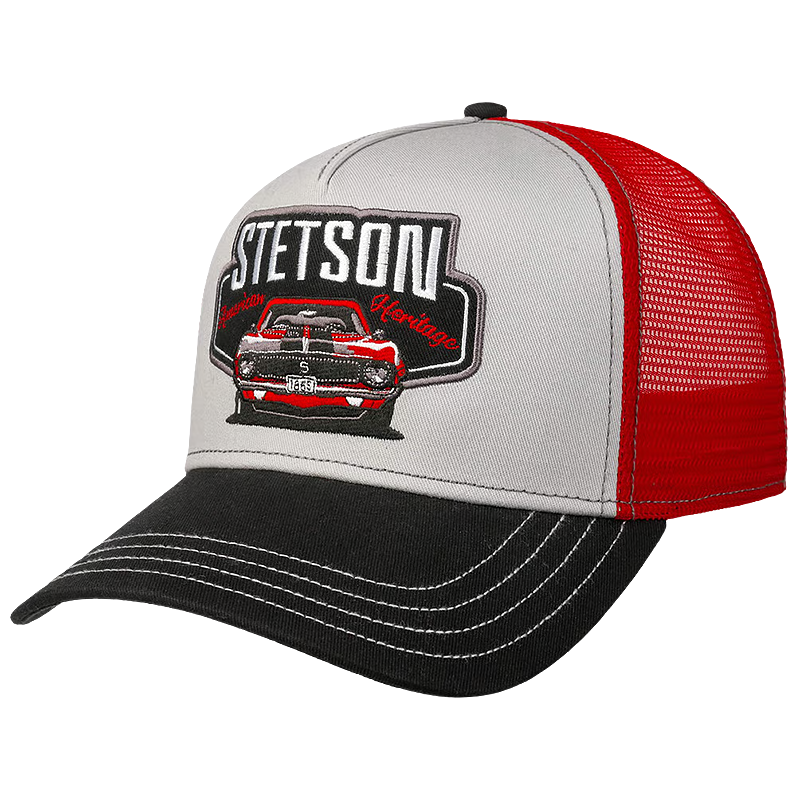 Stetson Garage American Heritage Trucker Cap with a white front panel, red mesh back, and black brim. The front features a large embroidered patch with the text 'STETSON' and a red classic car illustration.