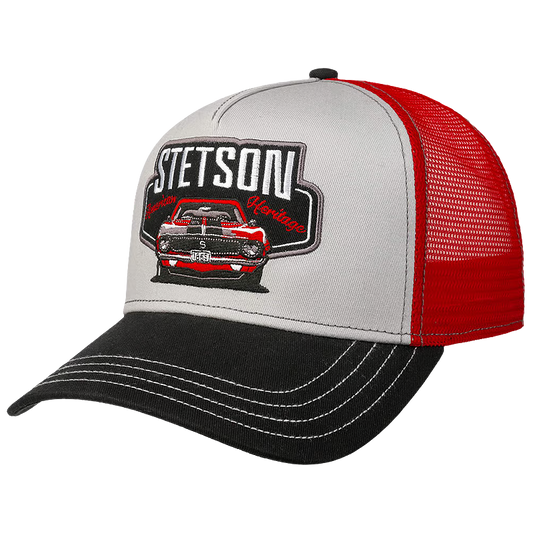 Stetson Garage American Heritage Trucker Cap with a white front panel, red mesh back, and black brim. The front features a large embroidered patch with the text 'STETSON' and a red classic car illustration.