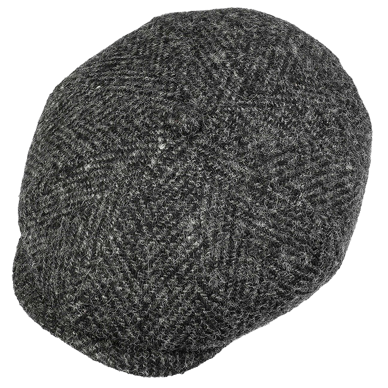 Stetson Hatteras Herringbone Flat Cap in black herringbone tweed flat cap shown from a top-down angle.