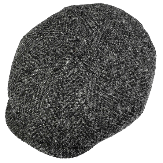 Stetson Hatteras Herringbone Flat Cap in black herringbone tweed flat cap shown from a top-down angle.