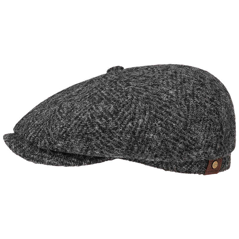 Black Stetson Hatteras Herringbone Flat Cap with a brown leather tag.