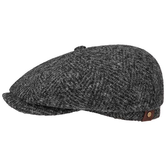 Black Stetson Hatteras Herringbone Flat Cap with a brown leather tag.