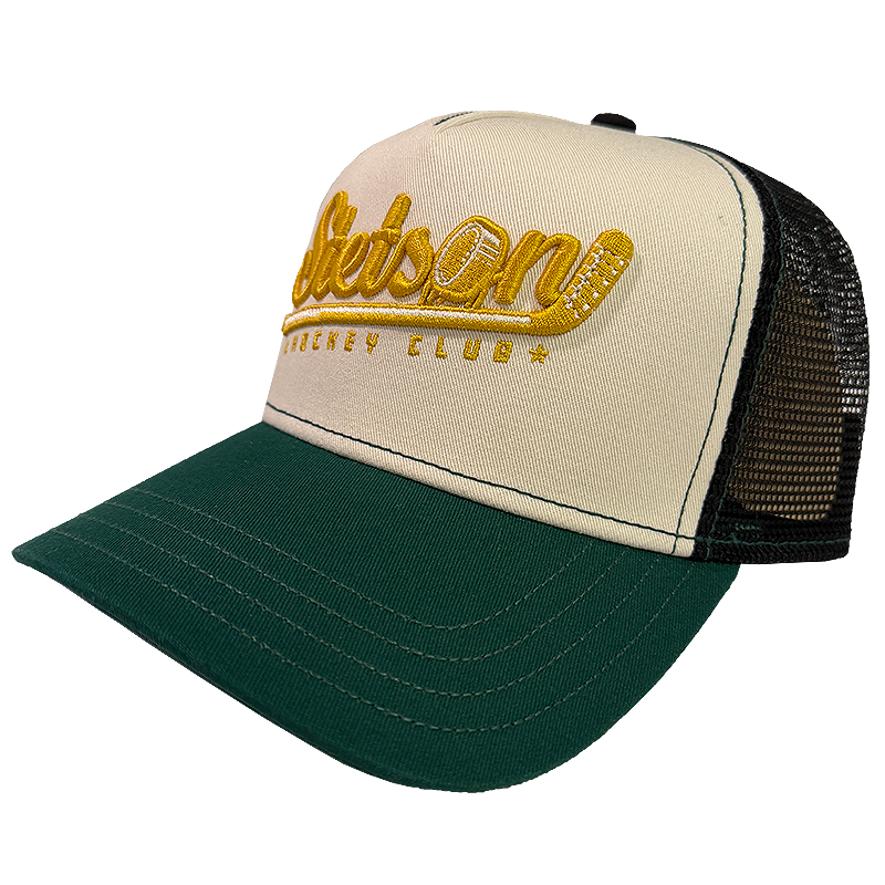 Stetson Hockey Club Trucker Cap in cream white and dark green with yellow embroidery.
