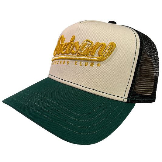 Stetson Hockey Club Trucker Cap in cream white and dark green with yellow embroidery.