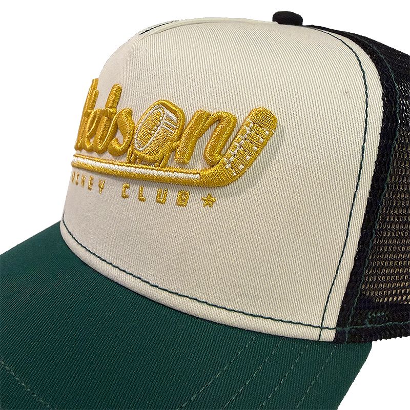 Close-up of the embroidery on Stetson Hockey Club Trucker Cap.