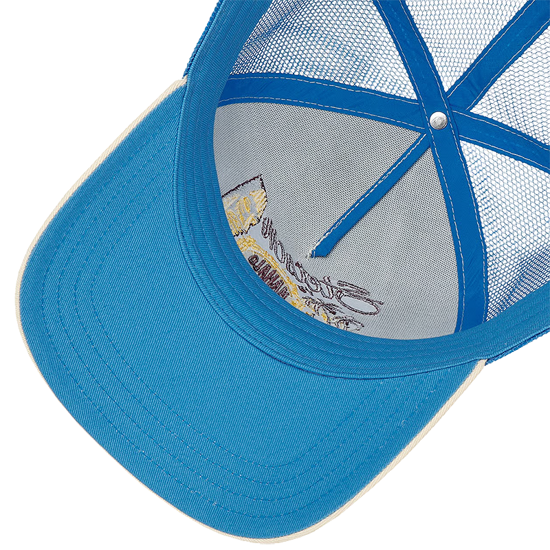 Close-up of a blue trucker-style cap showing the curved brim, blue mesh back panels, and a small embroidered logo on the inner crown.