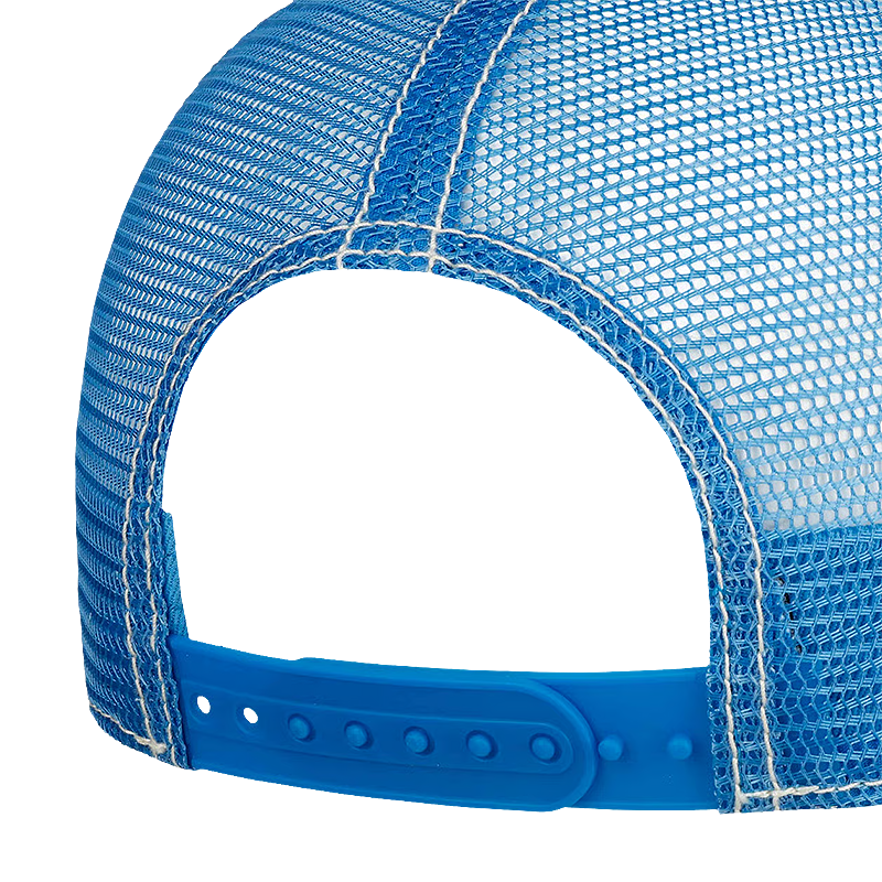 Close-up of the back of a blue trucker hat showing the blue mesh back, white contrast stitching, and adjustable blue snap strap.