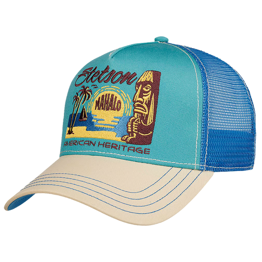 A turquoise and blue Stetson Mahalo Trucker Cap with a beige brim, featuring a Stetson x Mahalo American Heritage graphic on the front.