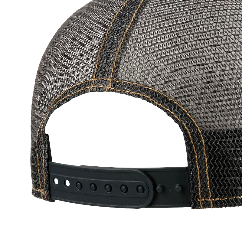 Close-up of the back of a trucker hat showing the black mesh fabric, tan contrast stitching, and black snapback closure strap.