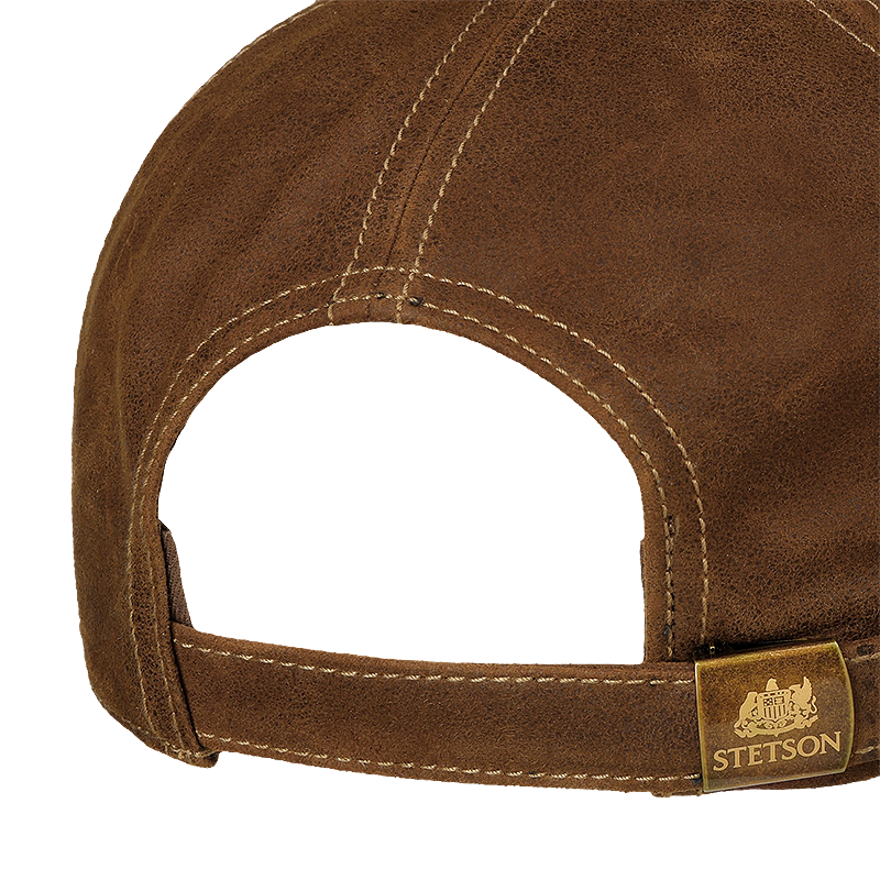 Brown leather cap with Stetson logo on a buckle