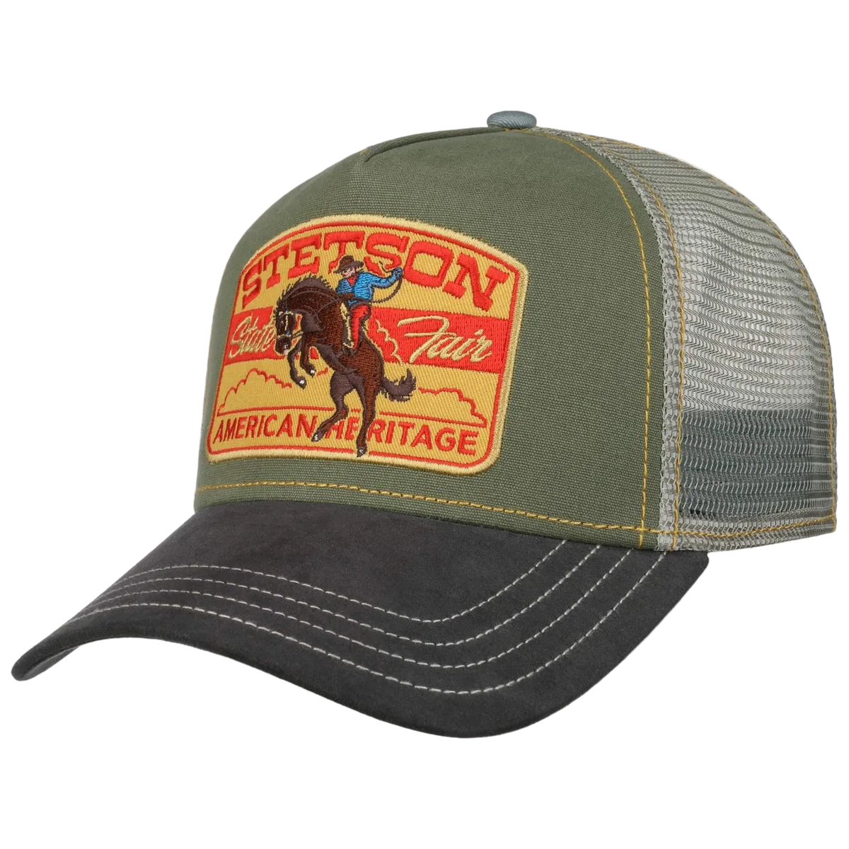 An olive green and charcoal trucker hat with a detailed embroidered patch on the front. The patch features a cowboy riding a bucking horse and reads 'Stetson State Fair American Heritage'.